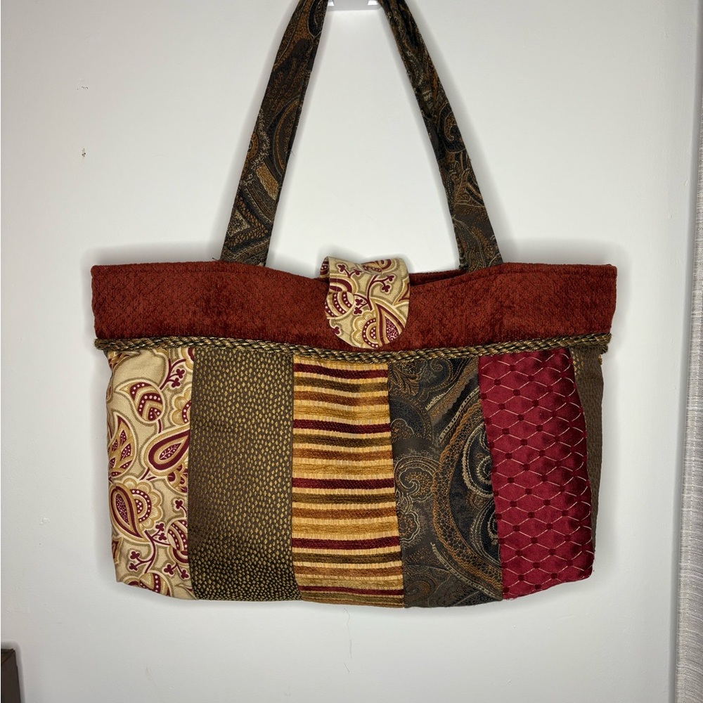 Elegant Patchwork Tote Bag - Red, Brown, and Gold